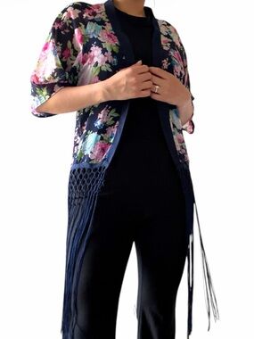Boho Floral Fringe Kimono Womens Size M Navy Blue Flowing Lightweight Open Front